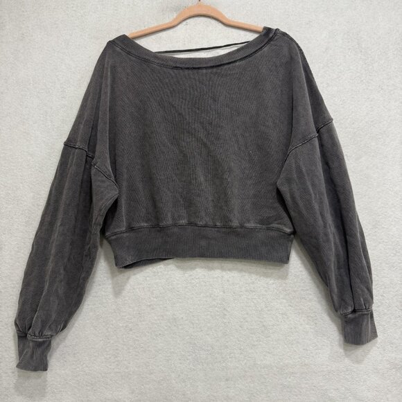 Free People Sweatshirt Womens XS Gray Cropped Deep V Back Boat Neck Pullover - Picture 1 of 10